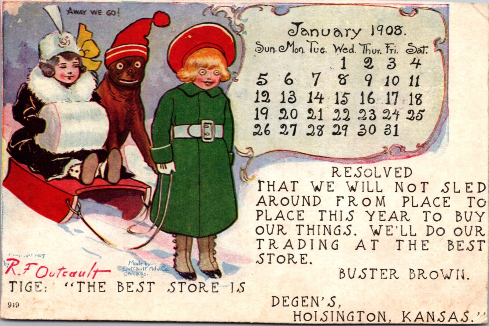 R.F. Outcault Postcard Calendar January 1908 Degen\'s Store in Hoisington, Kansas
