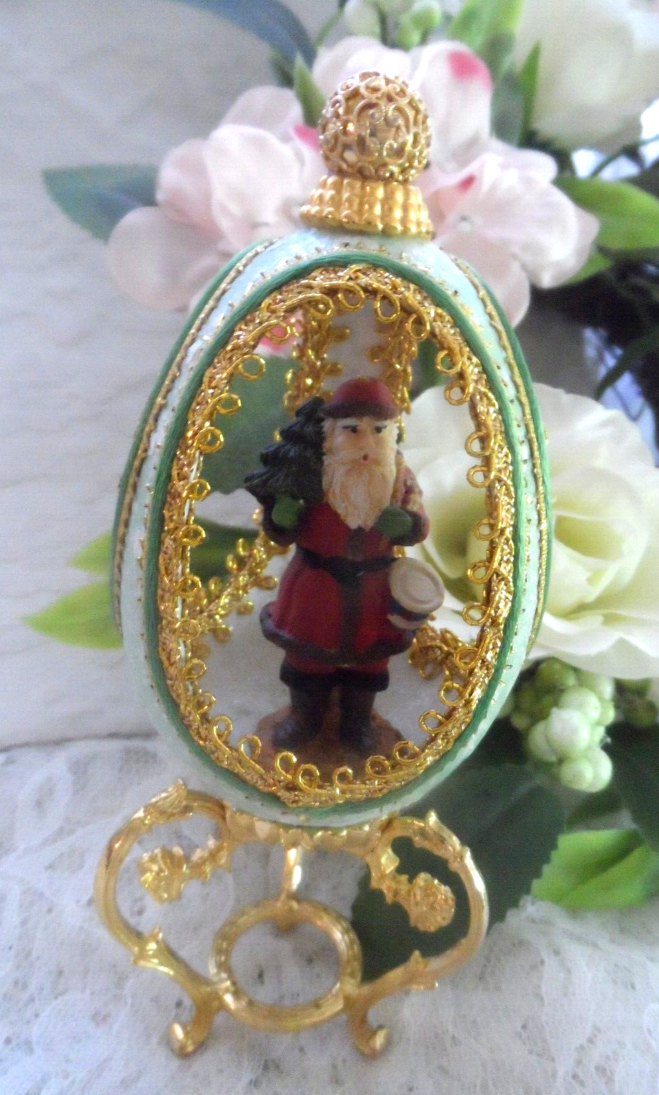Handmade Vintage  Ornament -REAL GOOSE EGG EMBELLISHED DIORAMA  w/SANTA FIGURINE