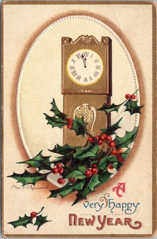 1914 HAPPY NEW YEAR Artist-Signed CLAPSADDLE Postcard Grandfather Clock / Holly