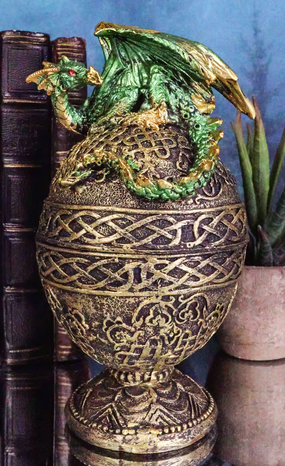 Ebros Green Dragon Perching On Celtic Knotwork Relic Golden Egg Jewelry Box