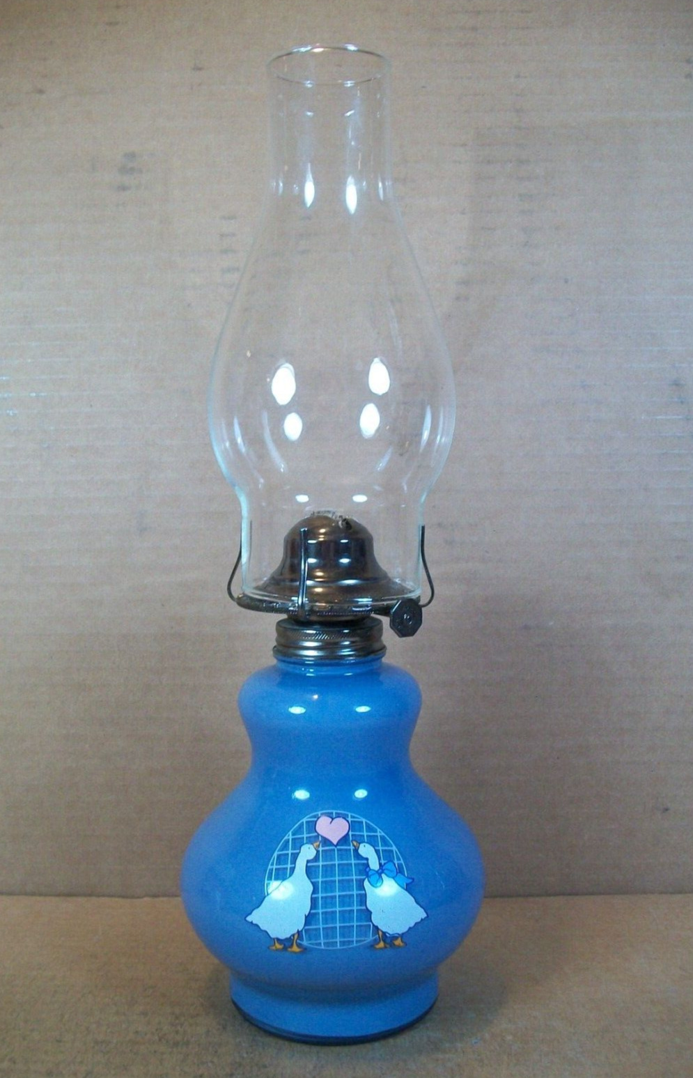 Vintage Kaadan Ltd.~Blue Glass Oil Lamp~Geese with Blue Ribbon/Pink Heart~15.5\