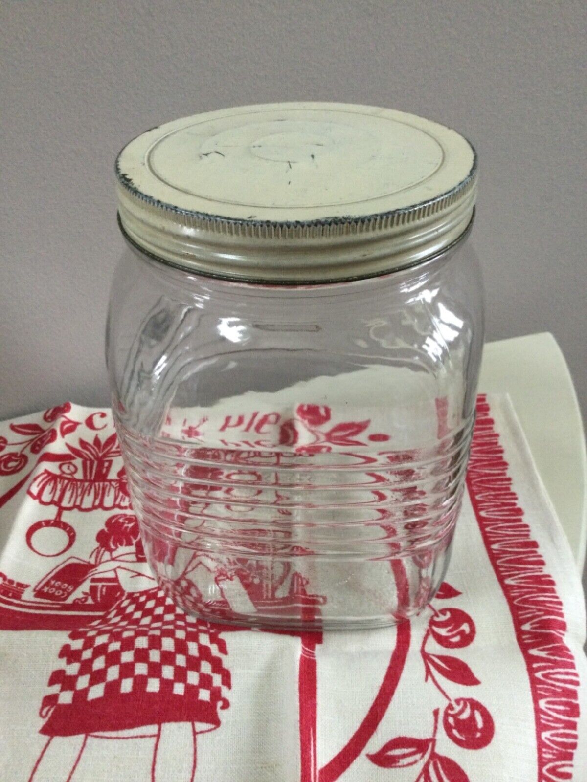 Vintage RIBBED GLASS JAR Cream Tin Lid Cookies Pickles Heavy 8”H