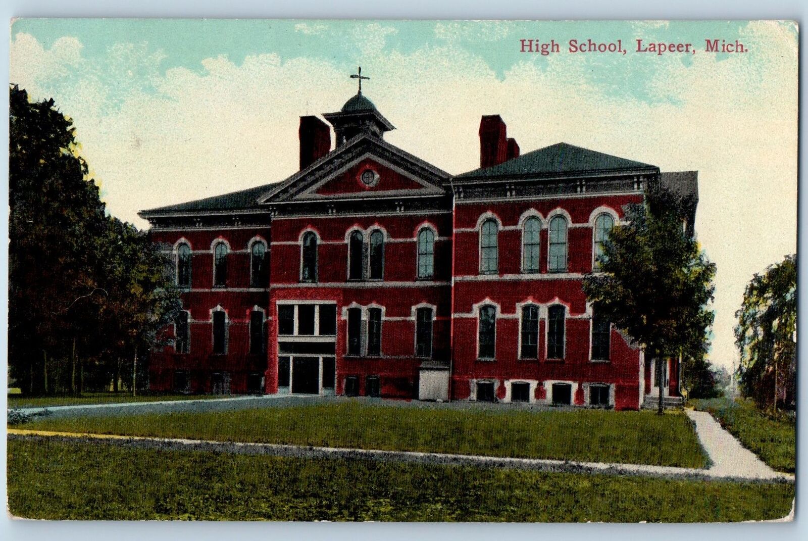 Lapeer Michigan MI Postcard High School Building Exterior Scene 1914 Antique