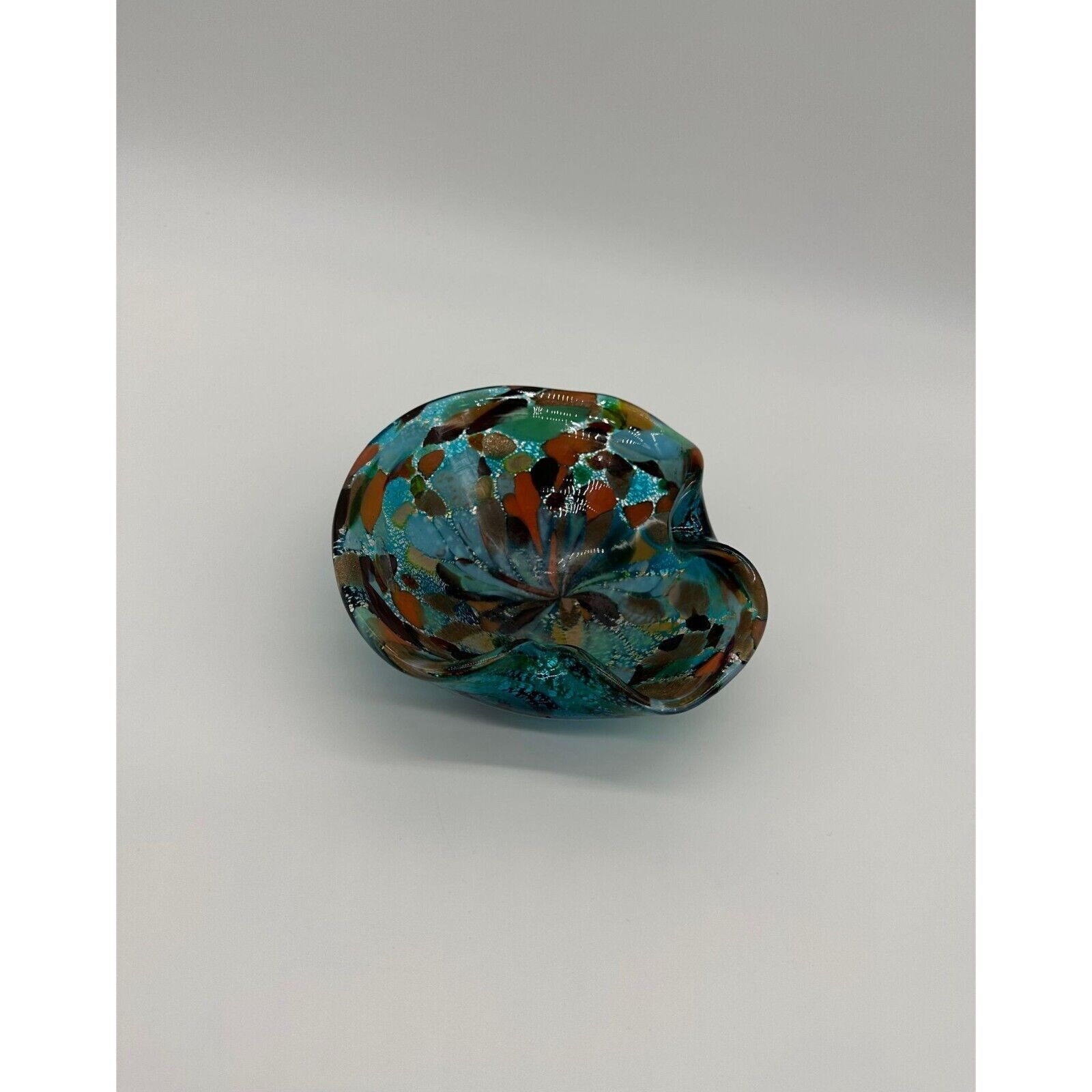 Vintage Murano Italy Art Glass Bowl Ashtray Splatter Gold Aventurine Ocean Blue