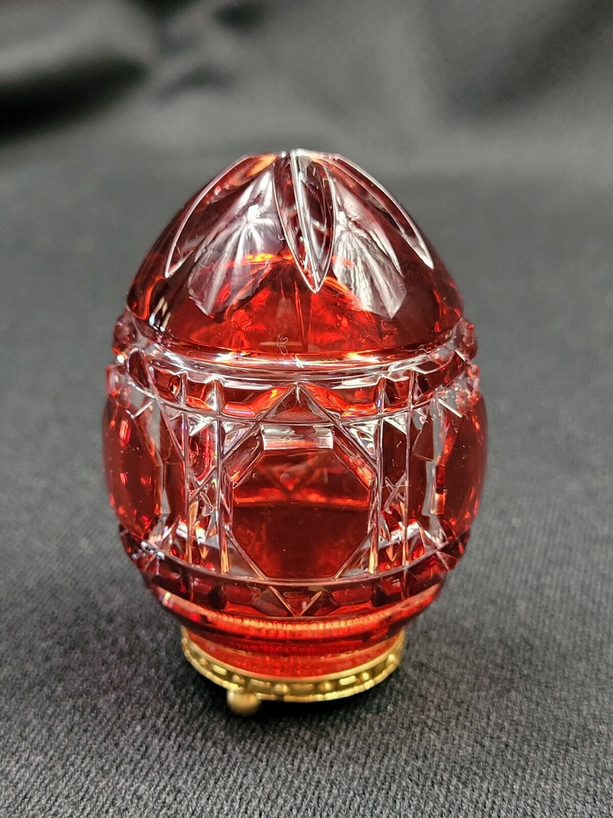 Vintage 2.5” Faberge Cranberry Ruby Red Cut to Clear Crystal Egg Numbered 1990s 