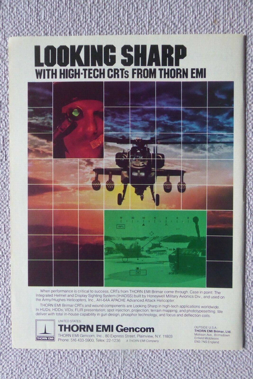 9/1983 PUB THORN EMI GENCOM CRT HONEYWELL IHADSS HELMET AH-64 APACHE ORIGINAL AD