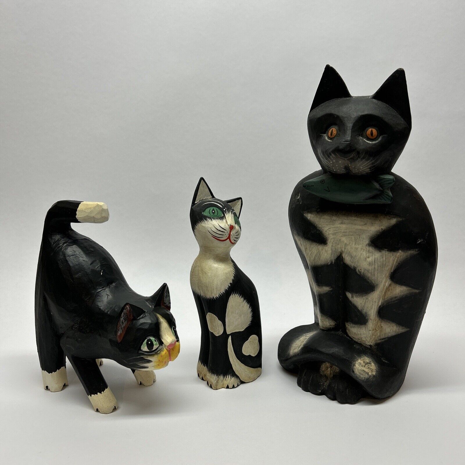 (Lot Of 3) Hand Carved, Hand Painted Wooden Black Cats