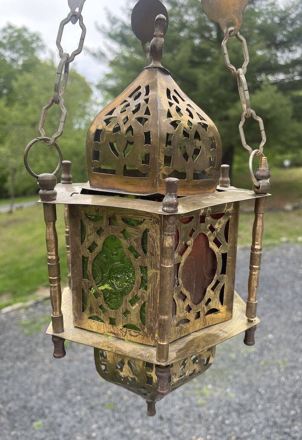 Vintage Pierced Brass Hanging Middle Eastern Lamp Light Lantern Architectural