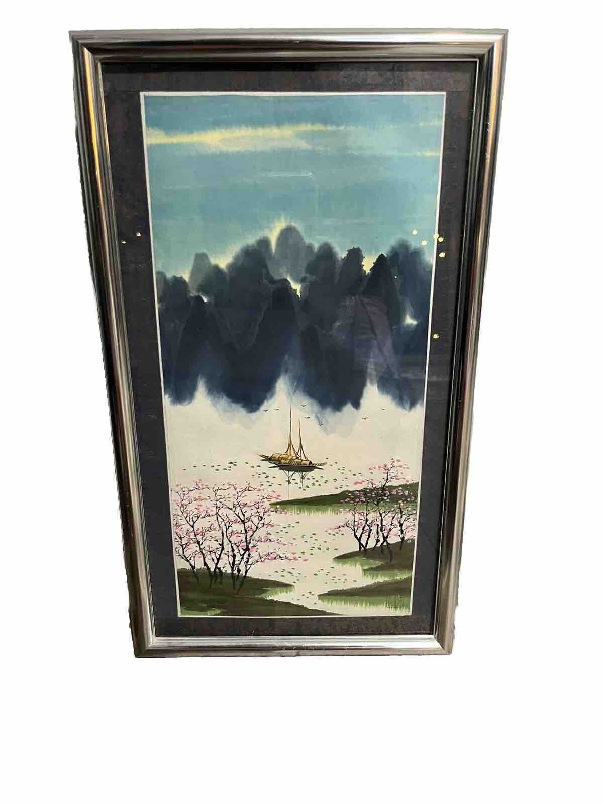 Vintage Framed Asian Painting Of Boat on Rice Paper 15.5x9 ~ Signed