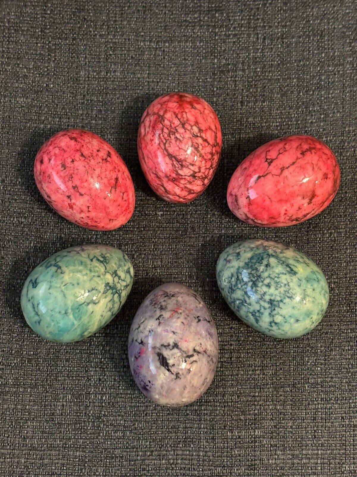Lot of 6 Polished Stone Marble Eggs Pink Green Purple Easter Decoration