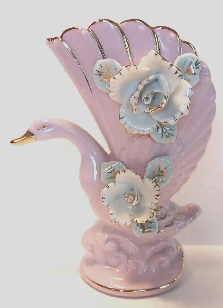 Vintage Grantcrest Flowered Swan Pink Porcelain Planter Vase White Roses. JAPAN