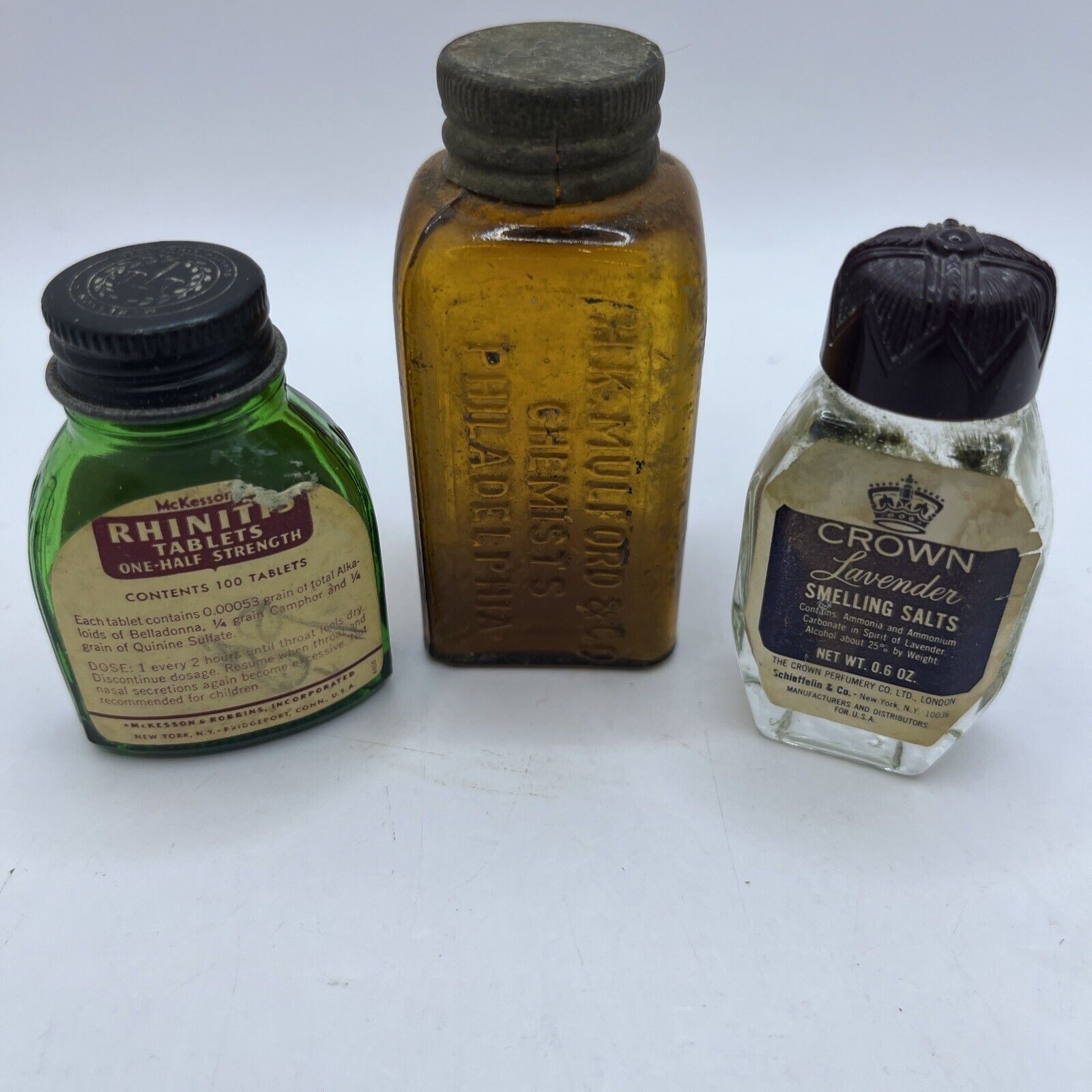 Vtg LOT Amber Glass Bottle H. K. Mulford Philadelphia, McKesson Smelling Salts
