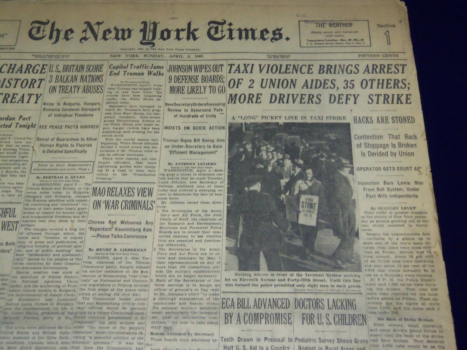 1949 APRIL 3 NEW YORK TIMES - TAXI VIOLENCE BRINGS ARREST 2 UNION AIDS - NT 1482