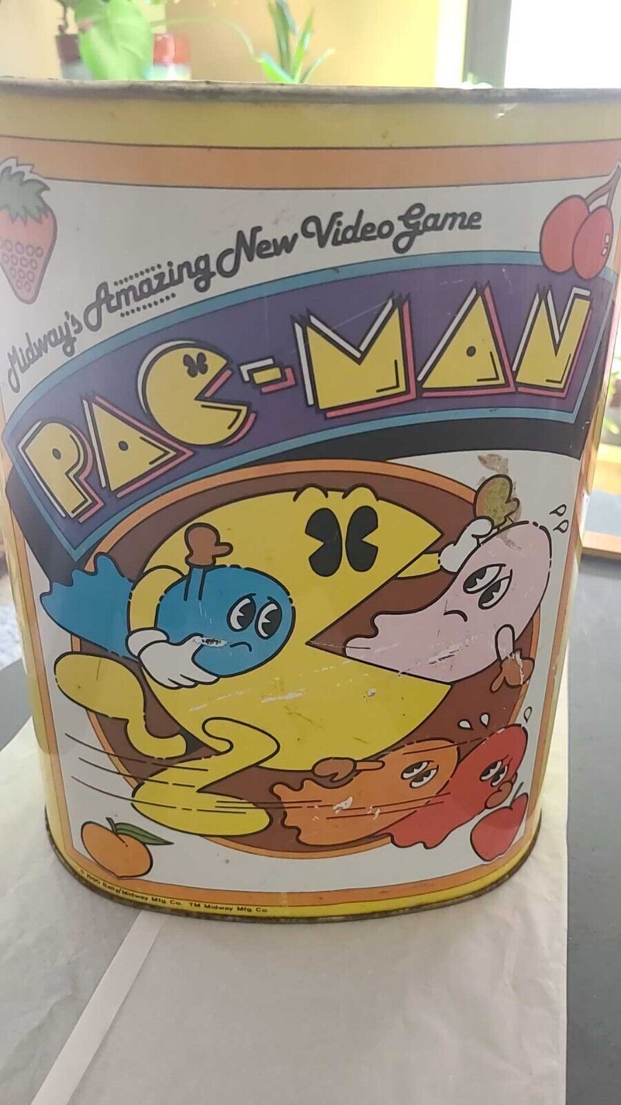 Vintage 1980 Cheinco Pac-Man Arcade Metal Trash Can Display Bally Midway 10 x 13