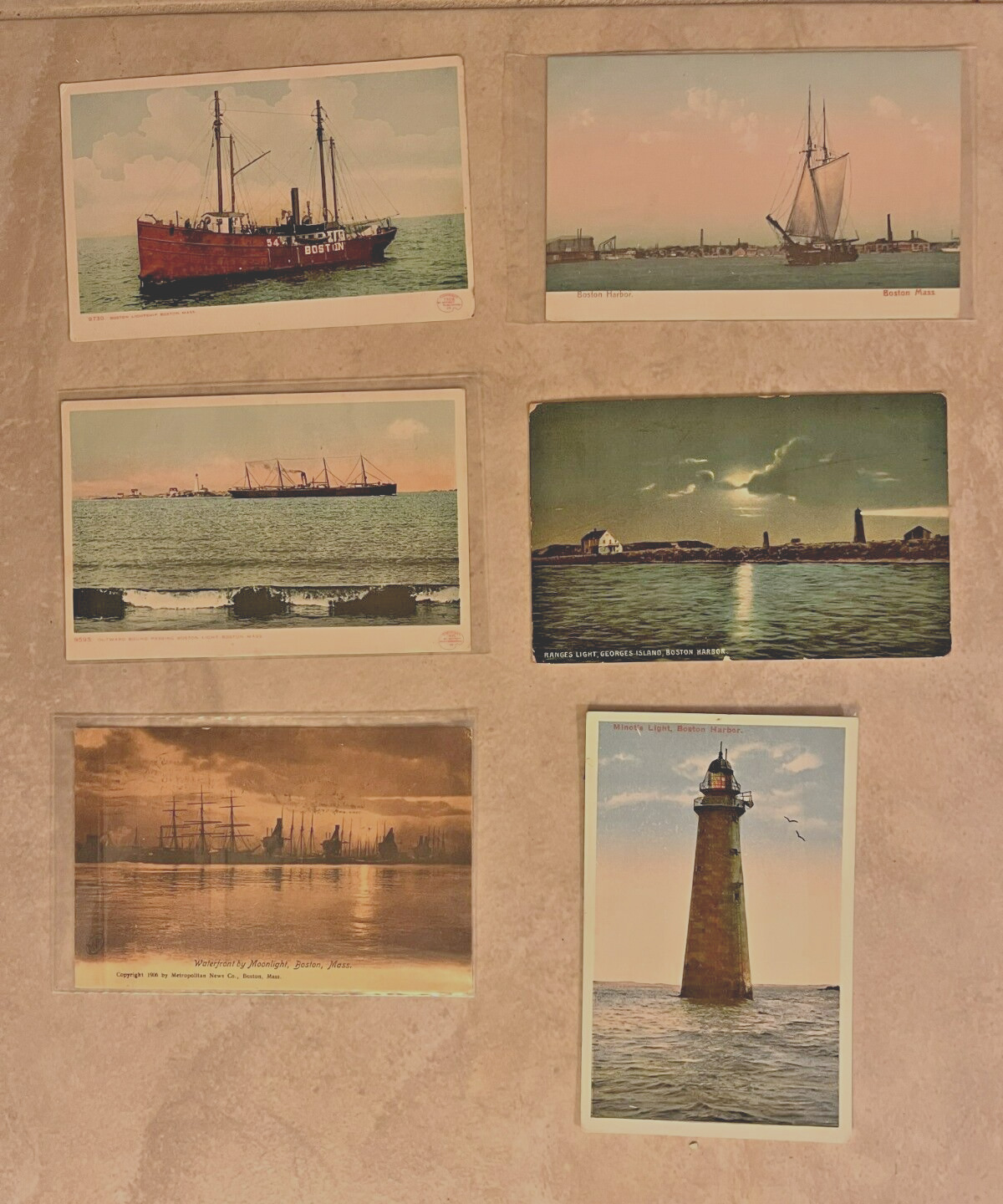 Lot Of 6 Antique Boston MA Boston Lighthouse & Ships Postcards Lightship Ranges