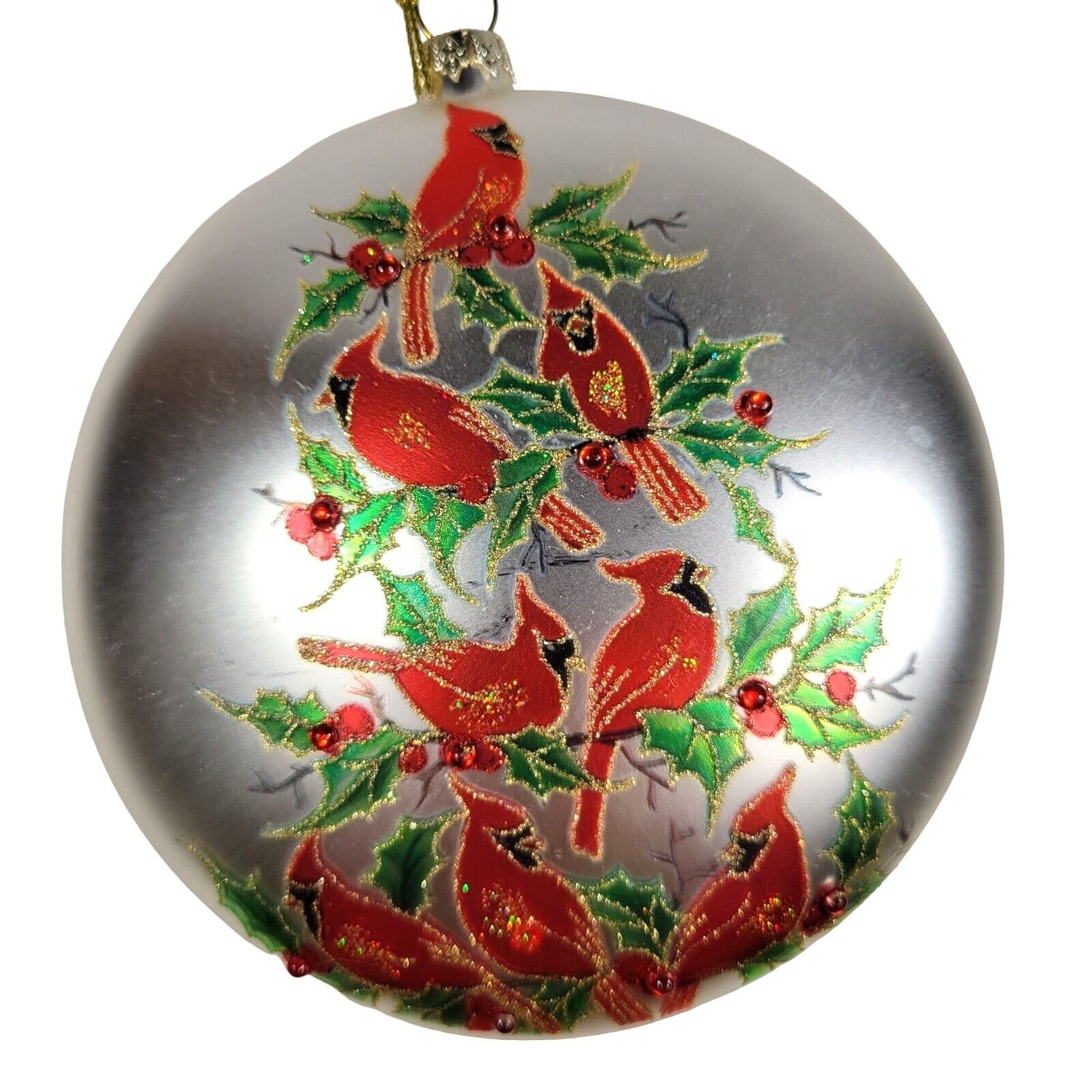 Christmas Ornament Cardinal 5” Metal Disc Cardinals Birds Vintage