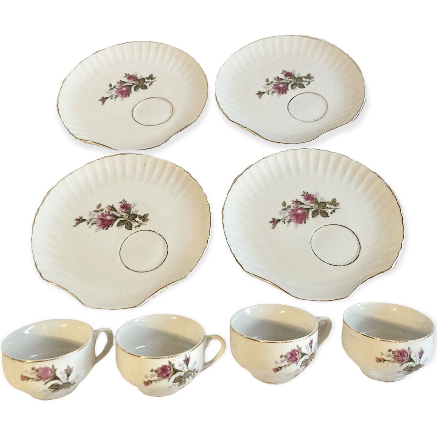 Set 4 Vintage Betson’s Rose Tea Cup Shell 8” Saucer Plate Pink Flower Gold Paint