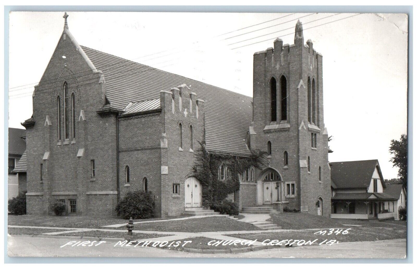 Creston Iowa IA Postcard RPPC Photo First Methodist Church Scene Street 1948