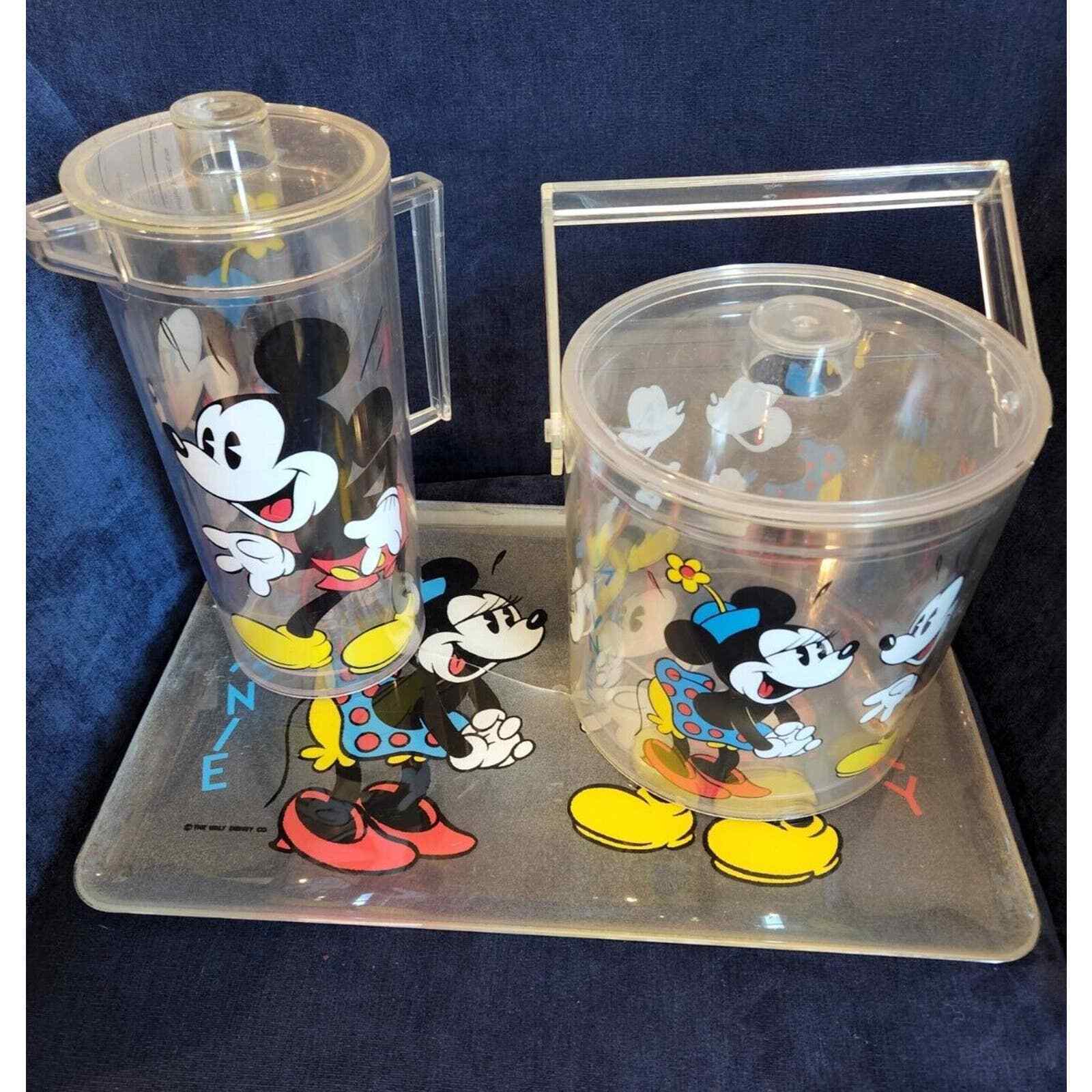 Vintage Mickey Minnie Acrylic Lucite Pitcher Ice Bucket Tray RARE SET LID HANDLE