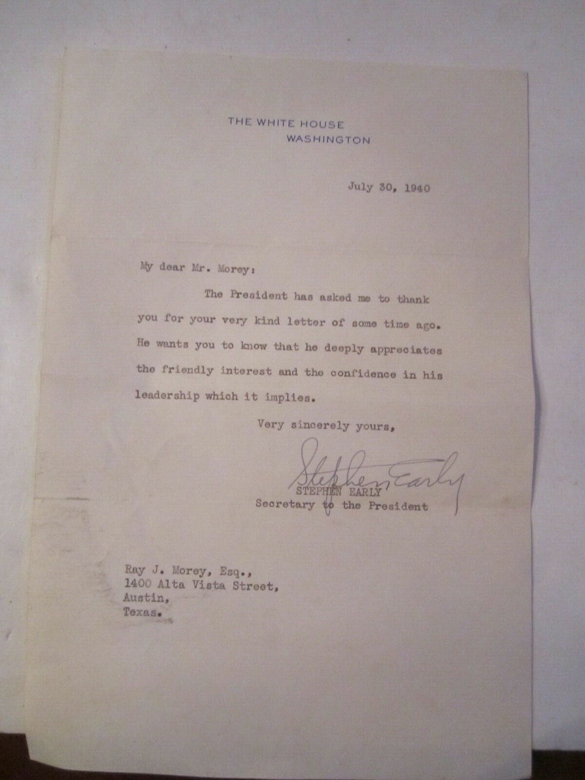 1940 RAY JEROME MOREY SIGNED LETTER FROM THE STEPHEN EARLY SEC'Y TO FDR - BN-19