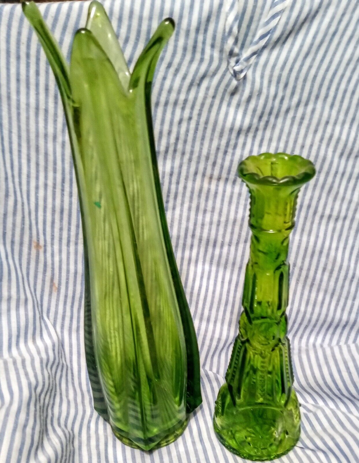 2 Tall Vintage unique  green glass vases Viking 12\