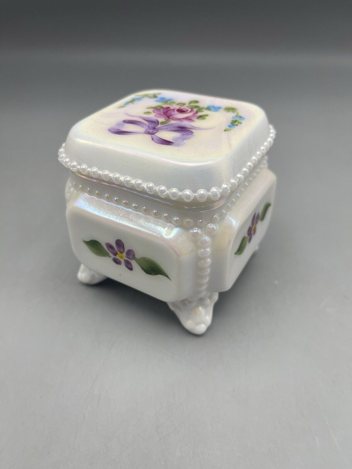 Westmoreland Milk Glass Hand Painted Floral Trinket Jewelry Box And Lid Signed