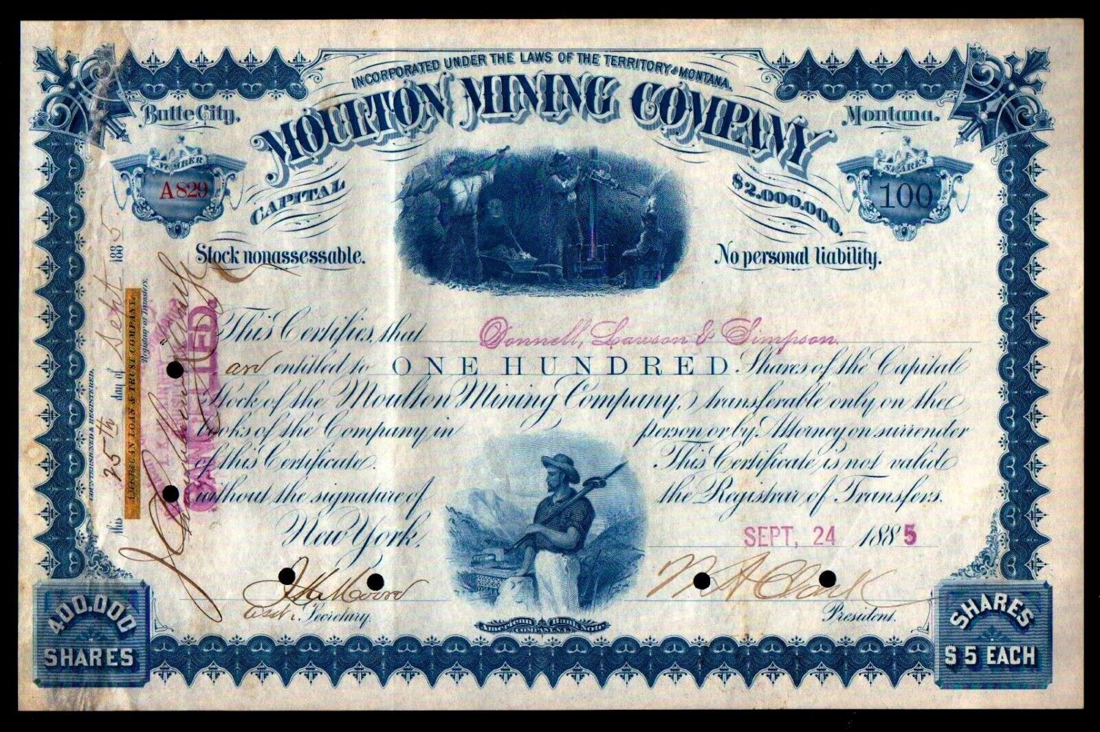 1891 Montana - Moulton Mining - William A Clark - Copper King Stock Certificate