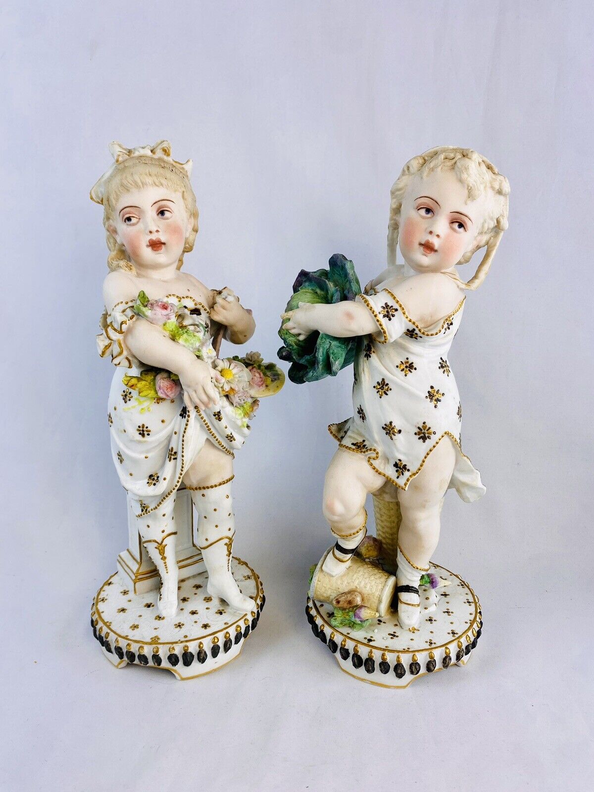 Antique German All Bisque Figurines Boy & Girl Carrying Flowers - 12” Tall