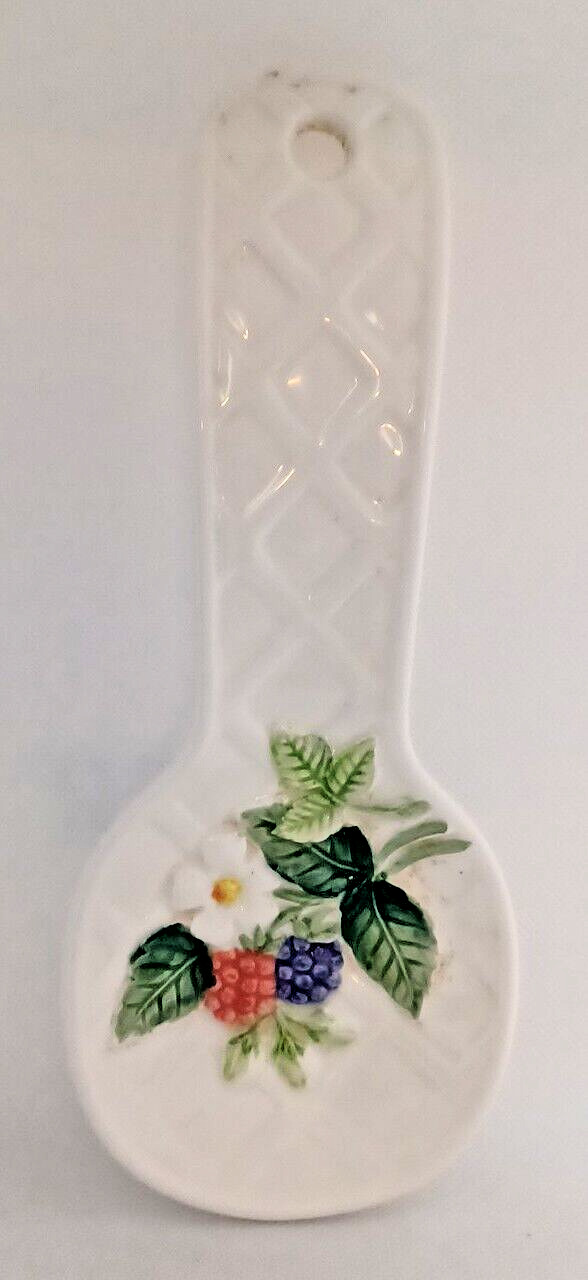 Vintage Otagiri White Spoon Rest with Hand Painted Fruit Floral Detailed