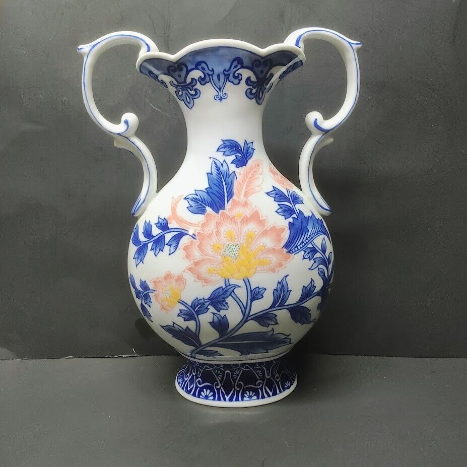 Bombay Company Blue White with flower Large Vase with Handles Chinoiserie 13.5\