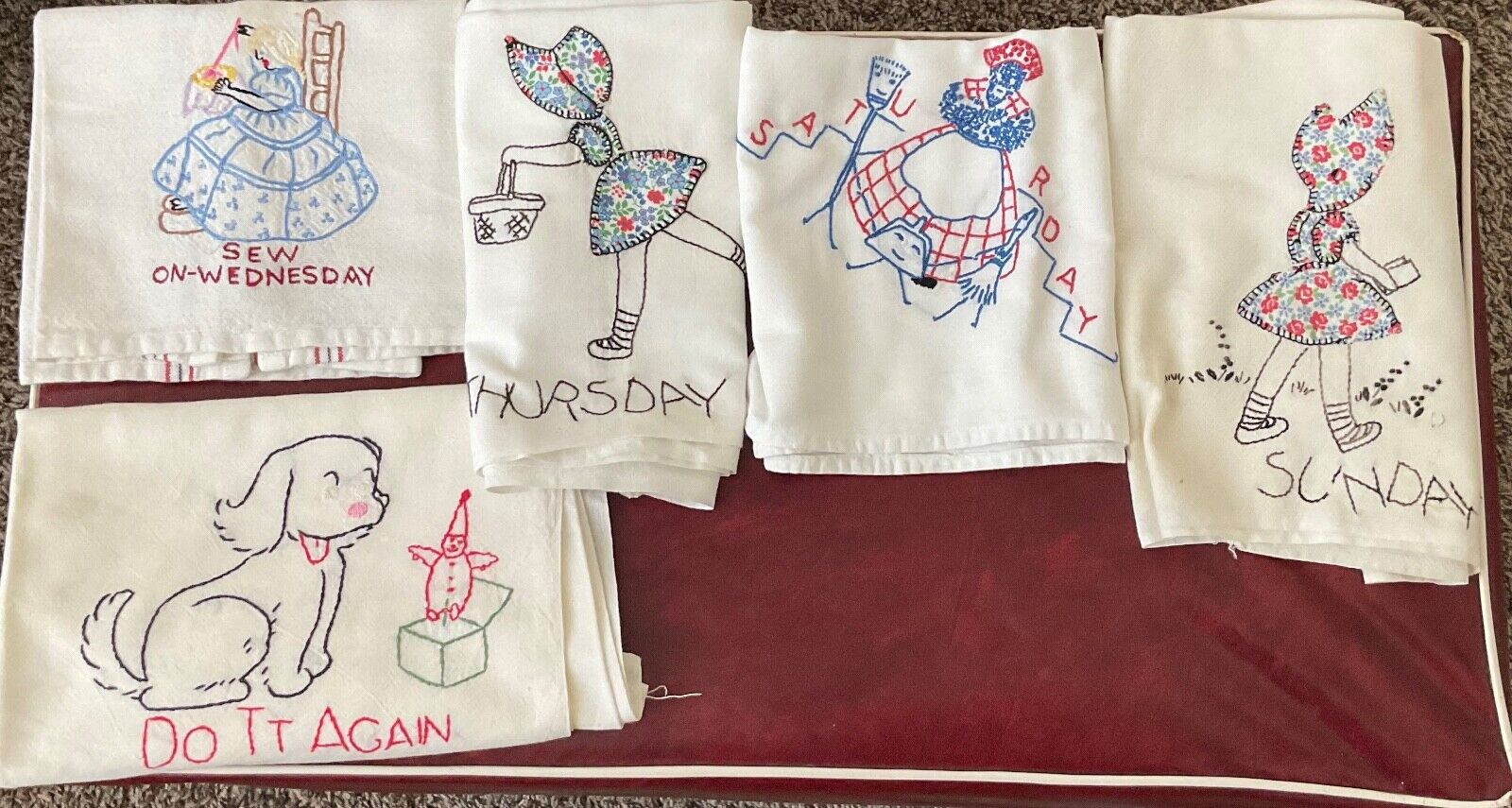 Vintage Embroidered  Kitchen Towels.  Wednesday*Thursday*Saturday* Sunday *Doggy