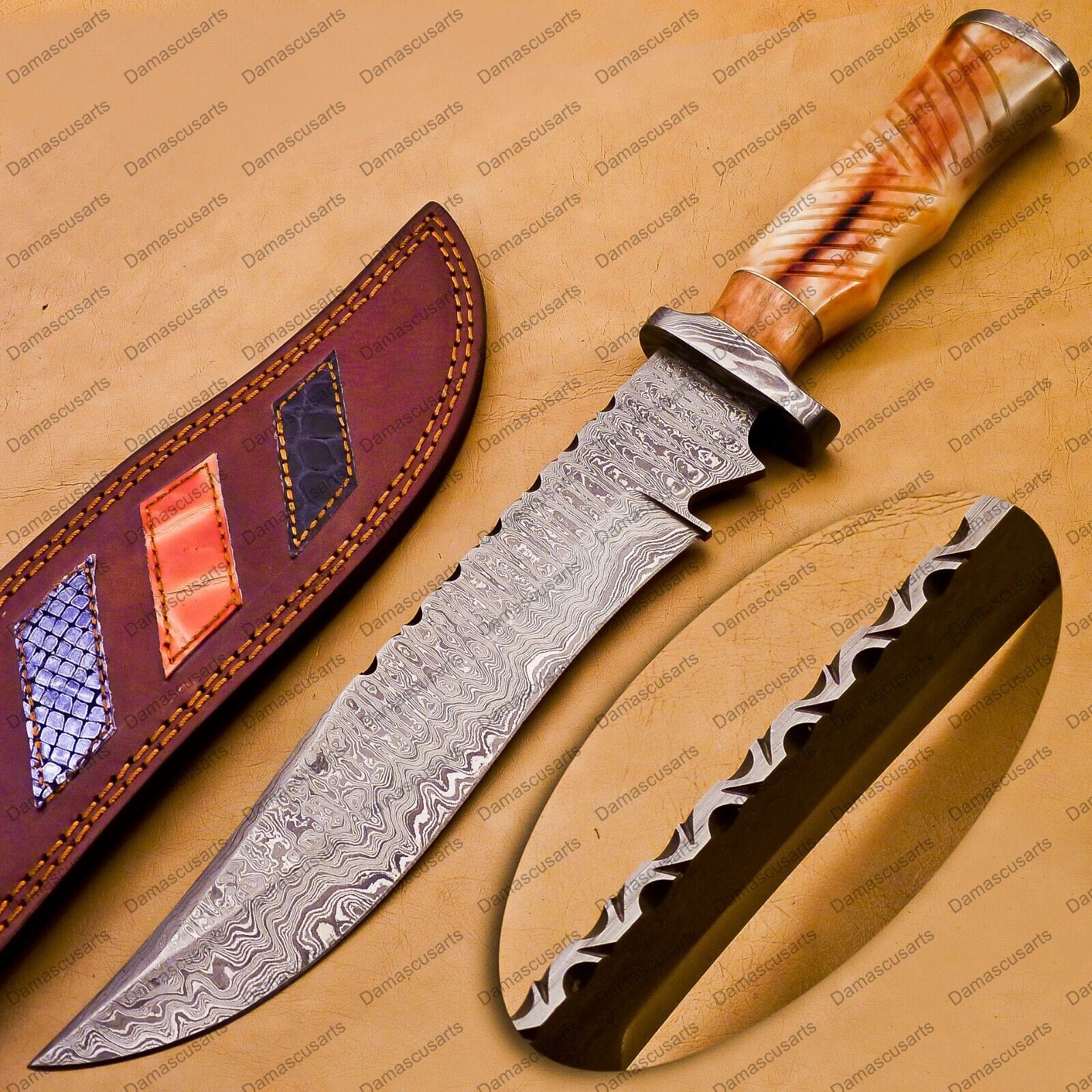 High-End Handmade Damascus Steel Mosaic Bowie Knife Hunting Knife Stage Handle