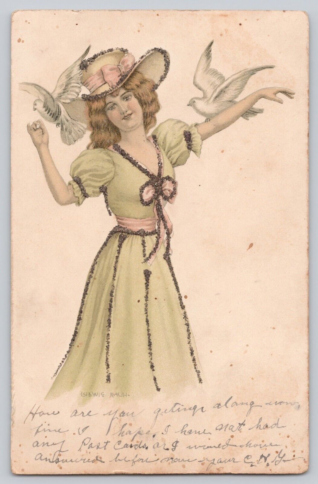 Postcard Pretty Lady Doves Glitter c 1908