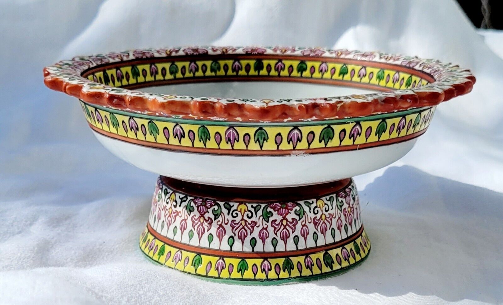 Vintage/Antique Porcelain Thai Benjarong Hand Painted  Pedestal/Stem Bowl