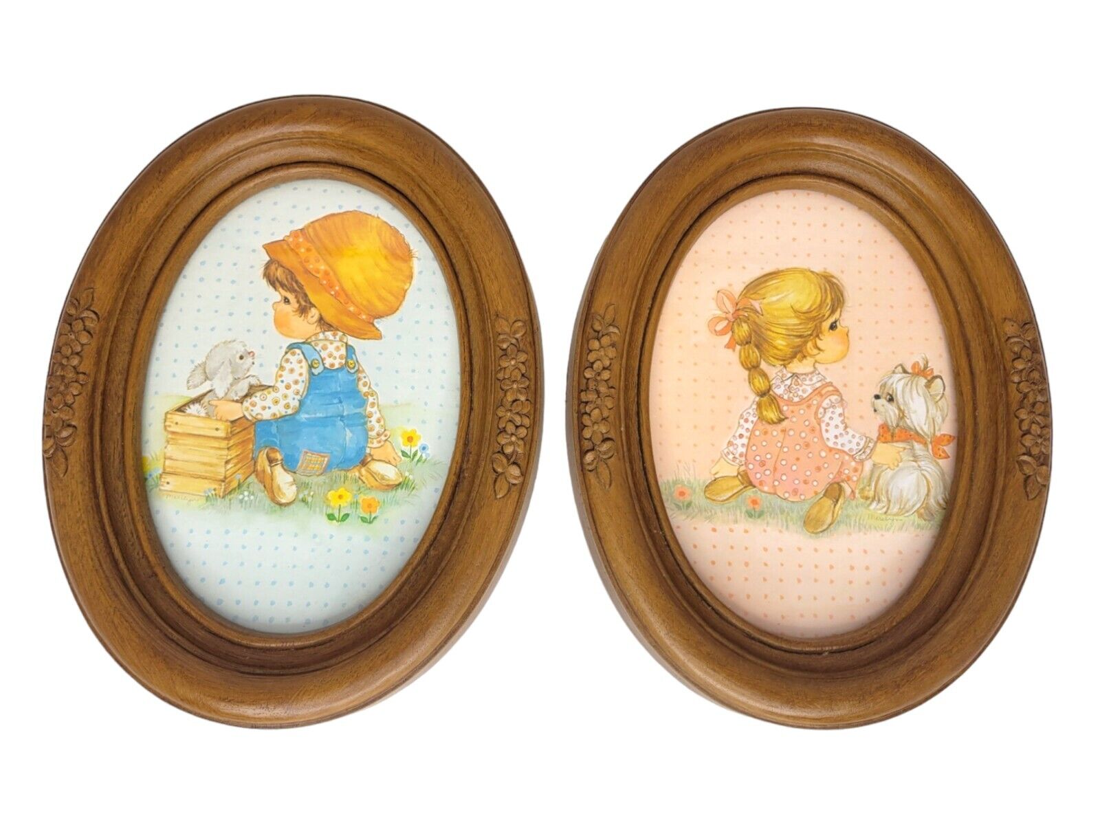 Vtg Set of 2 HOMCO Boy + Bunny/Girl + Puppy Framed Oval Picture Wall Decor 9