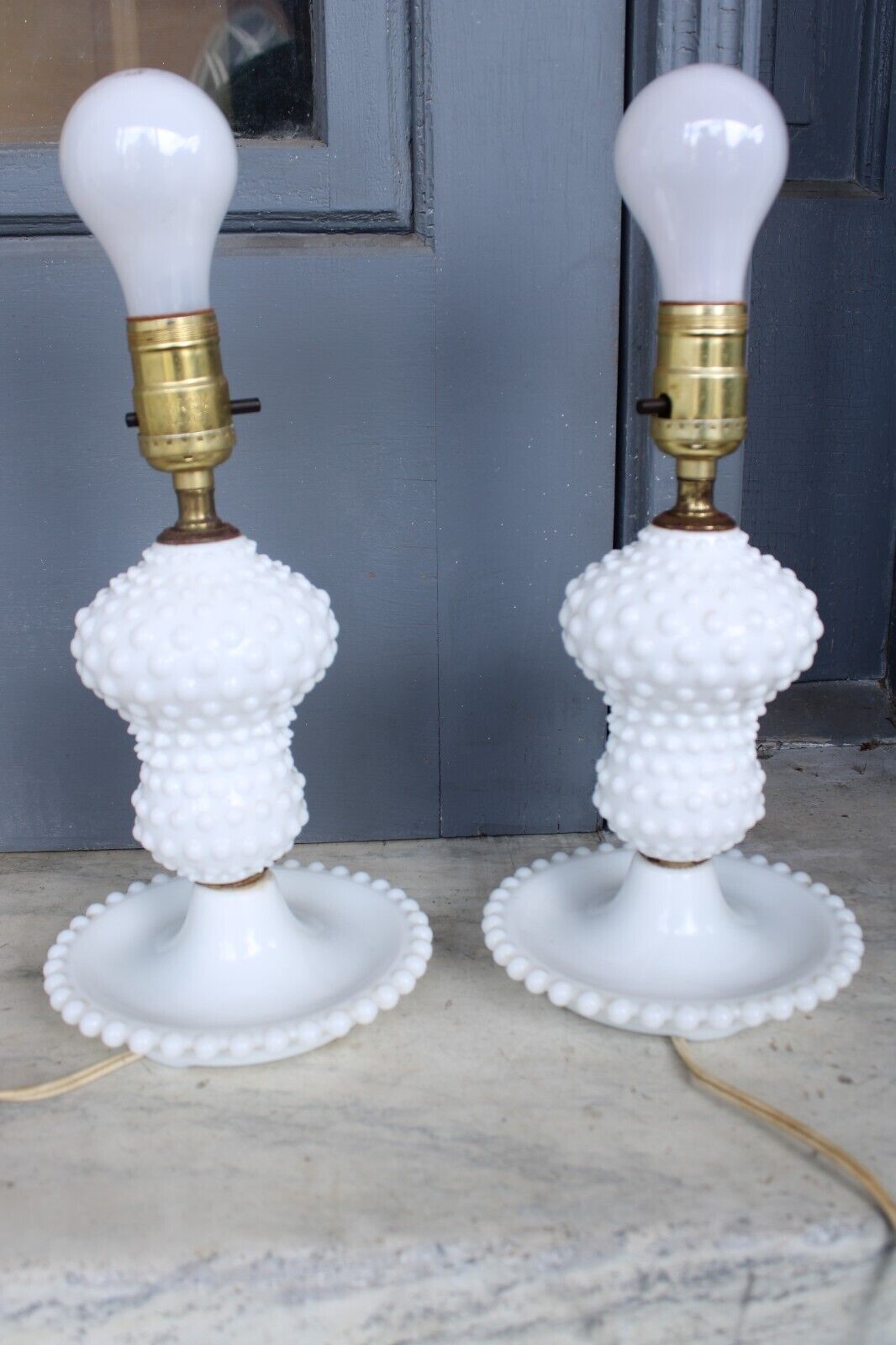Vintage Pair Hobnail Milk Glass Boudoir Lamps Pretty