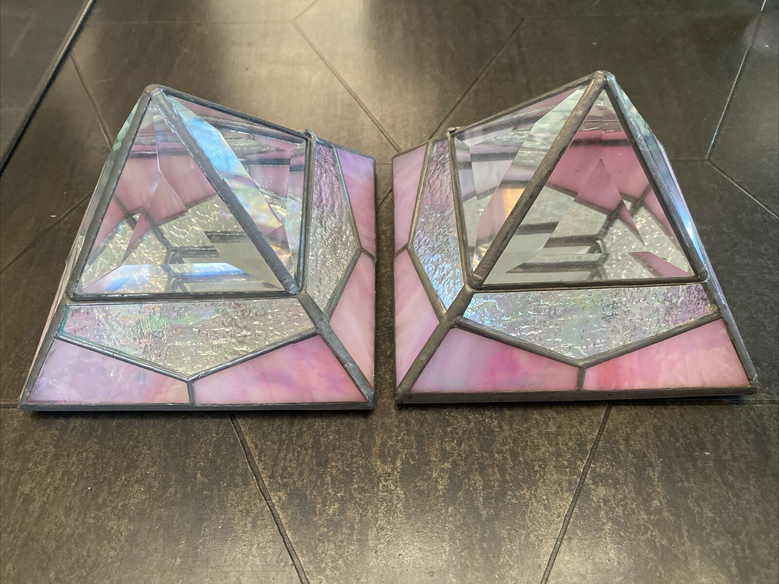 2 Pink Vintage Leaded Glass Pyramid Mirrored Bottom Trinket Box