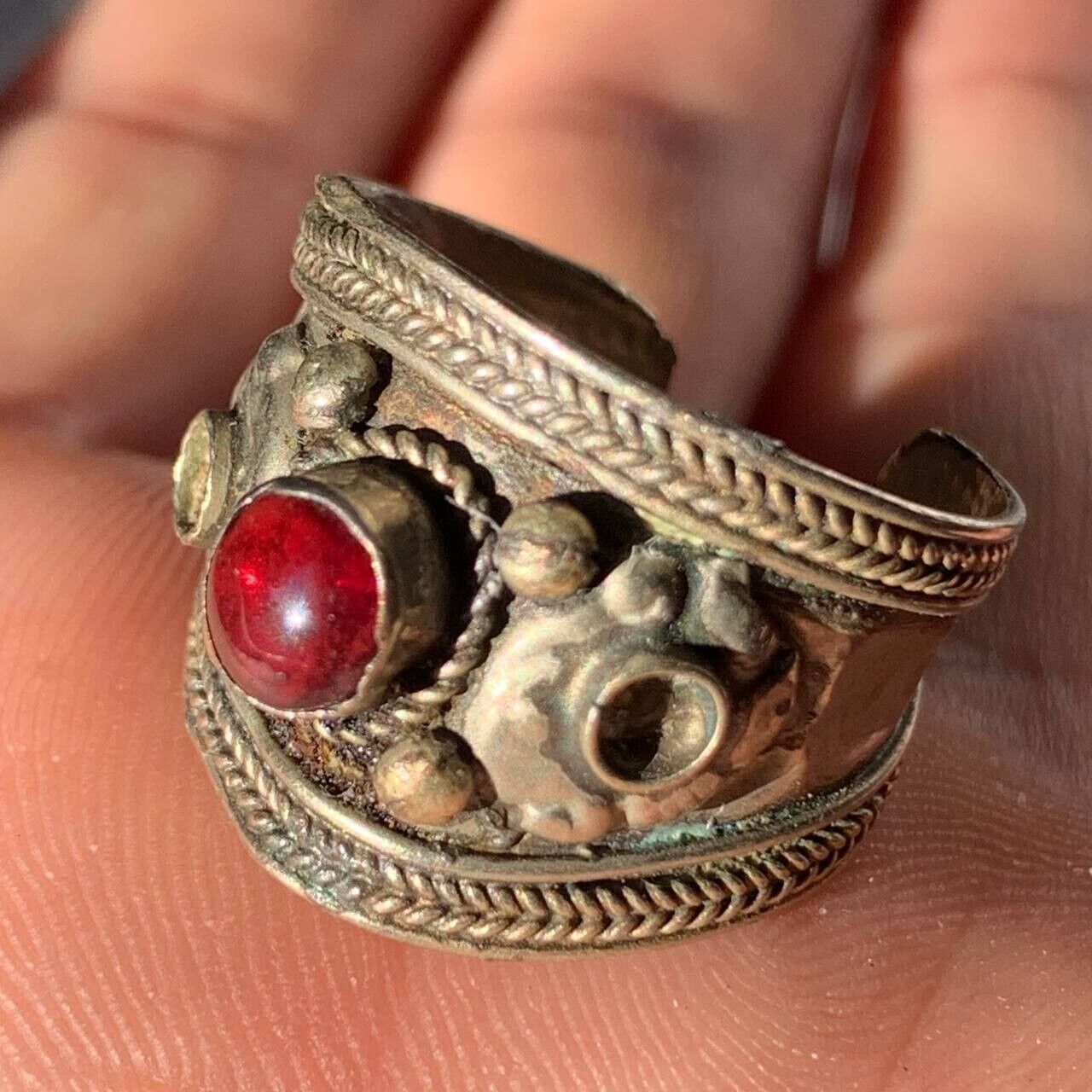 EXTREMELY RARE ROMAN BRONZE ANTIQUE RING RED STONE ANCIENT ENGRAVING ARTIFACT