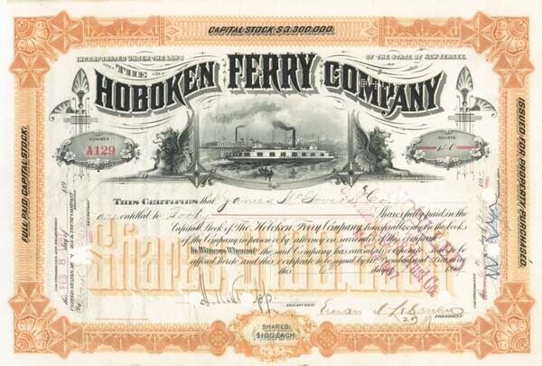 Hoboken Ferry Co. signed by Emanuel Lehman - 1890\'s dated Autograph Stock Certif