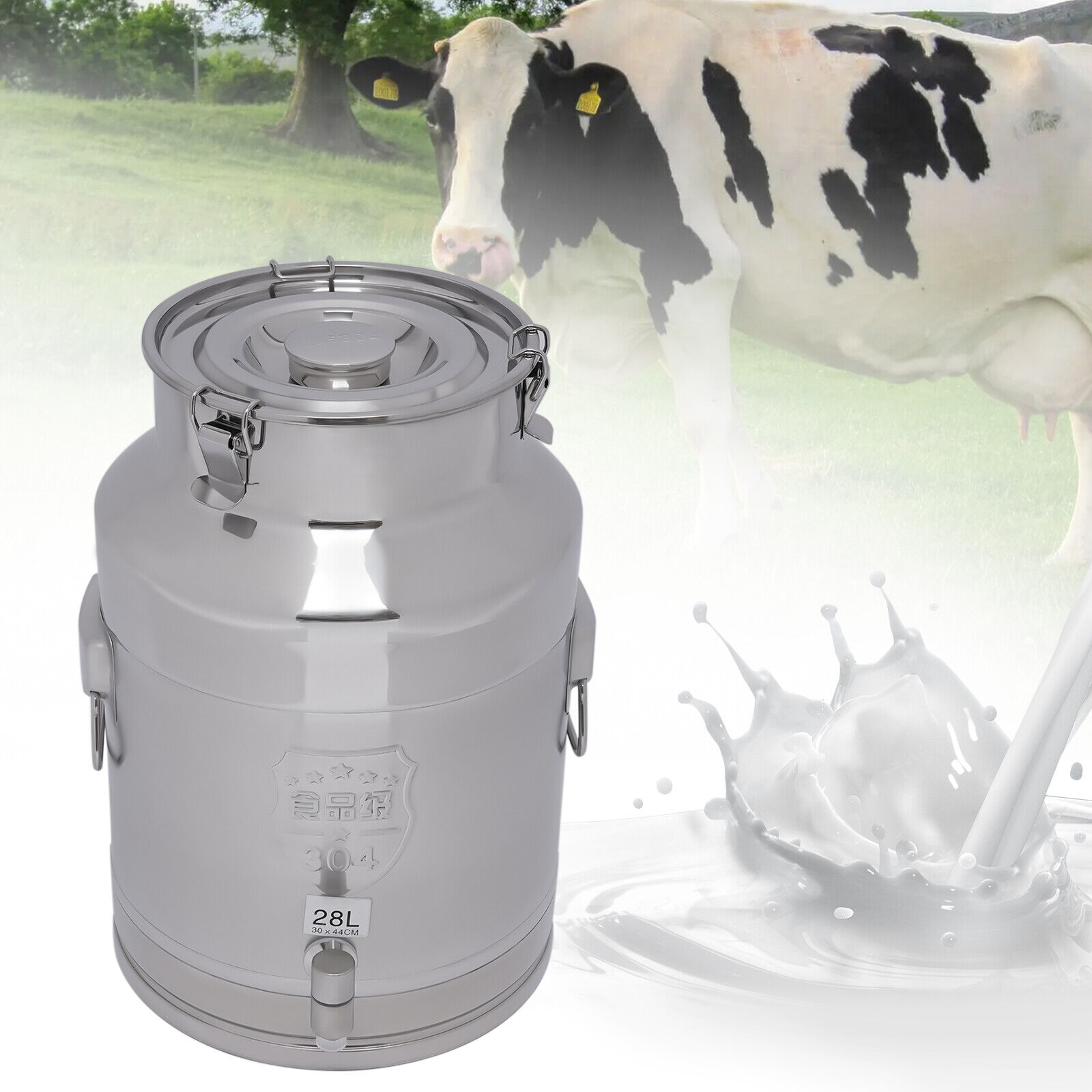 28L Stainless Steel Milk Can Wine Barrel Bucket Milk Storage Container w/ Faucet