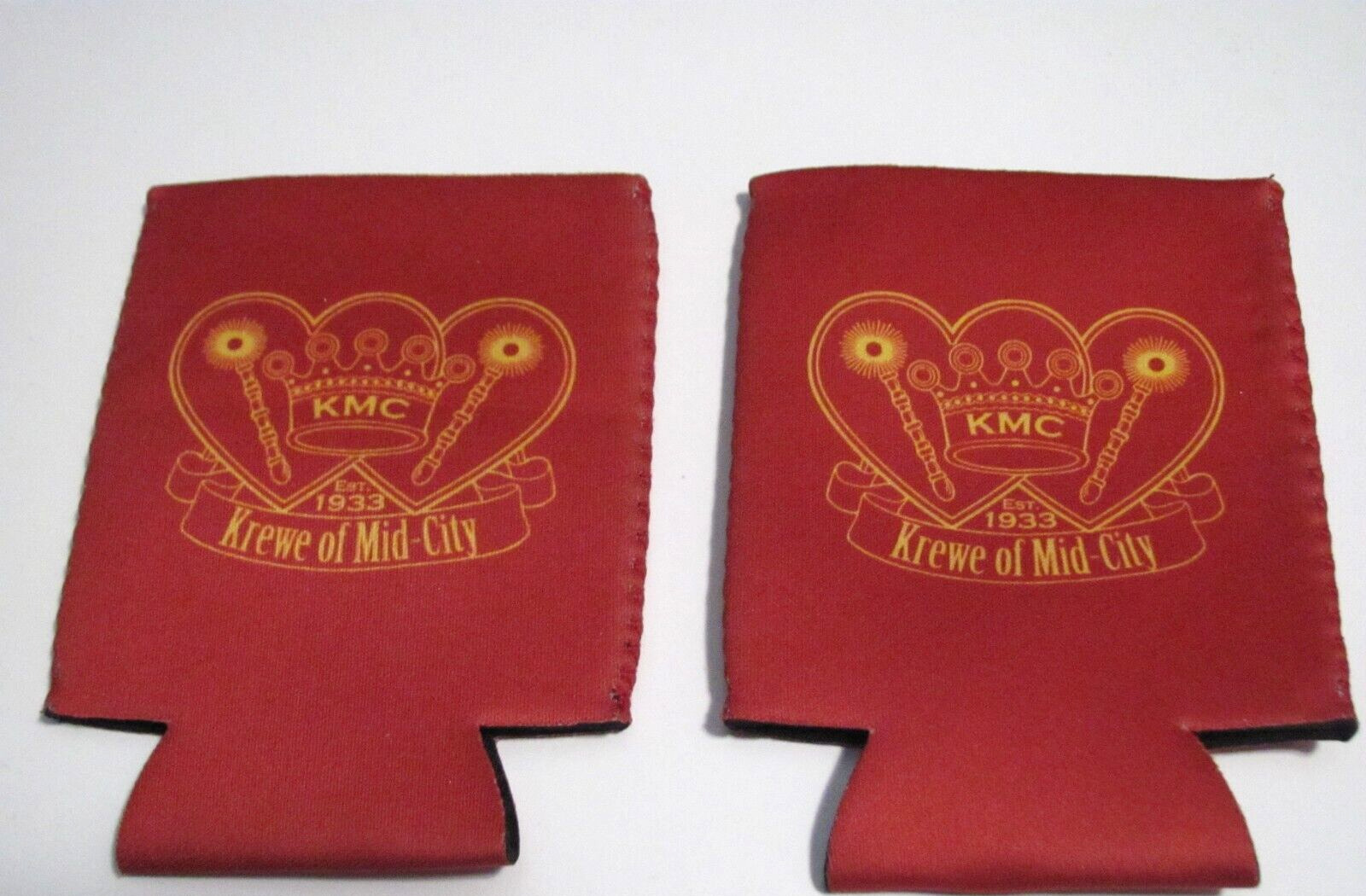 LOT OF 2 KREWE OF MID-CITY RED WITH GOLD PRINT KOOZIES