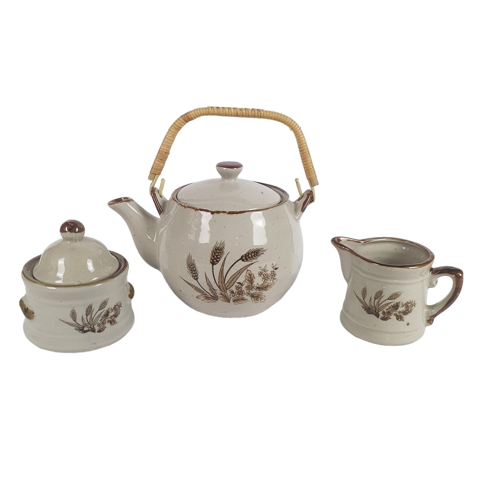 Vintage Teapot Set With Sugar Bowl and Creamer Pottery Wheat Design VGC