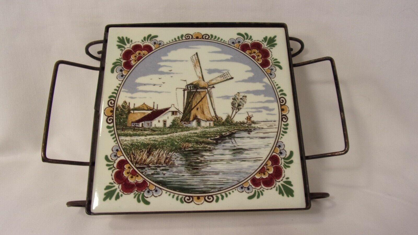 Vintage Delfts Holland Tile Rod Iron Trivet Hot plate Windmill Scene