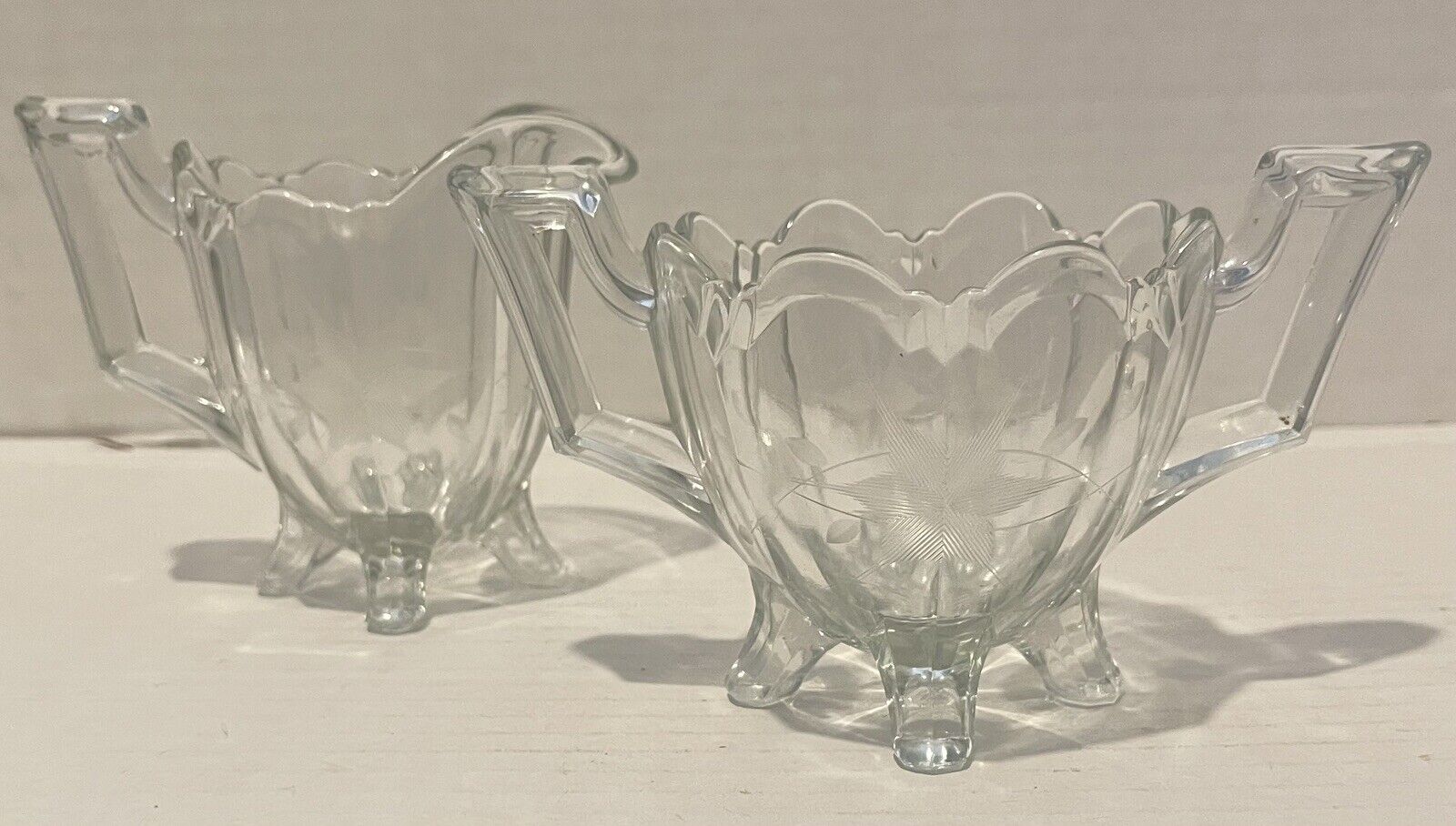 Vintage Clear Cut Glass Footed Sugar Bowl & Creamer Set With Floral Design