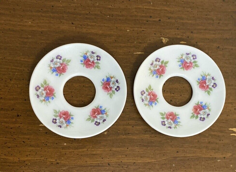 Set of 2 ~Biedermann Floral Rose Ceramic Taper Candle Drip Collar Bobeches VNTG