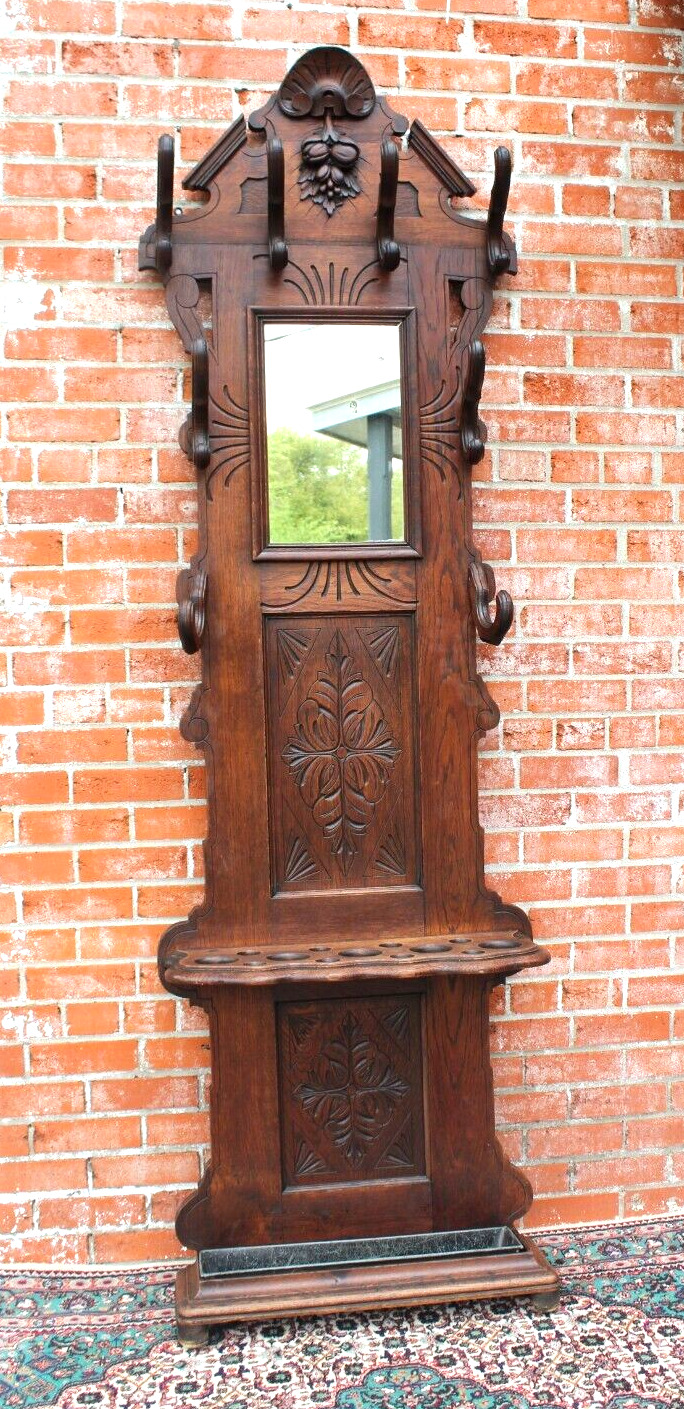 French Antique Oak  Hall Tree Stand / Coat Hanger