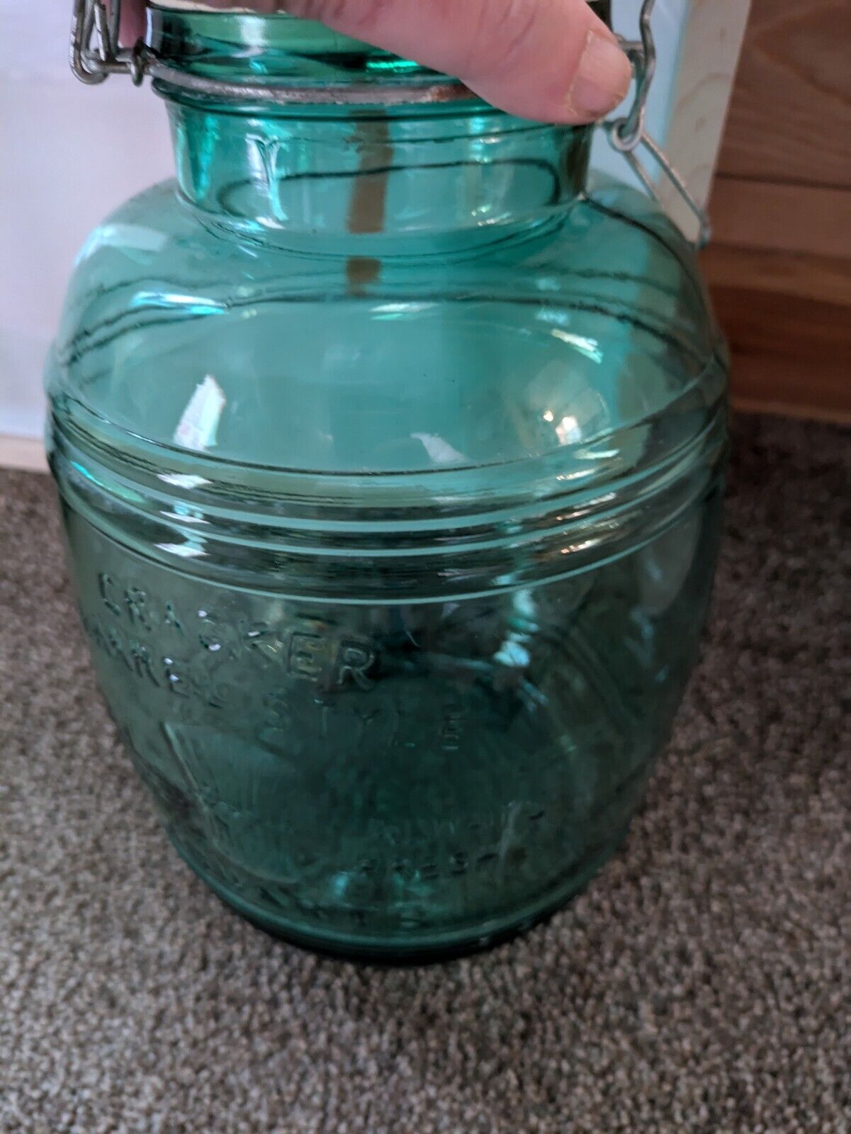 Green Glass Cookie Flour Sugar Cracker Barrel  4 Quart  Canister Jar with Lid