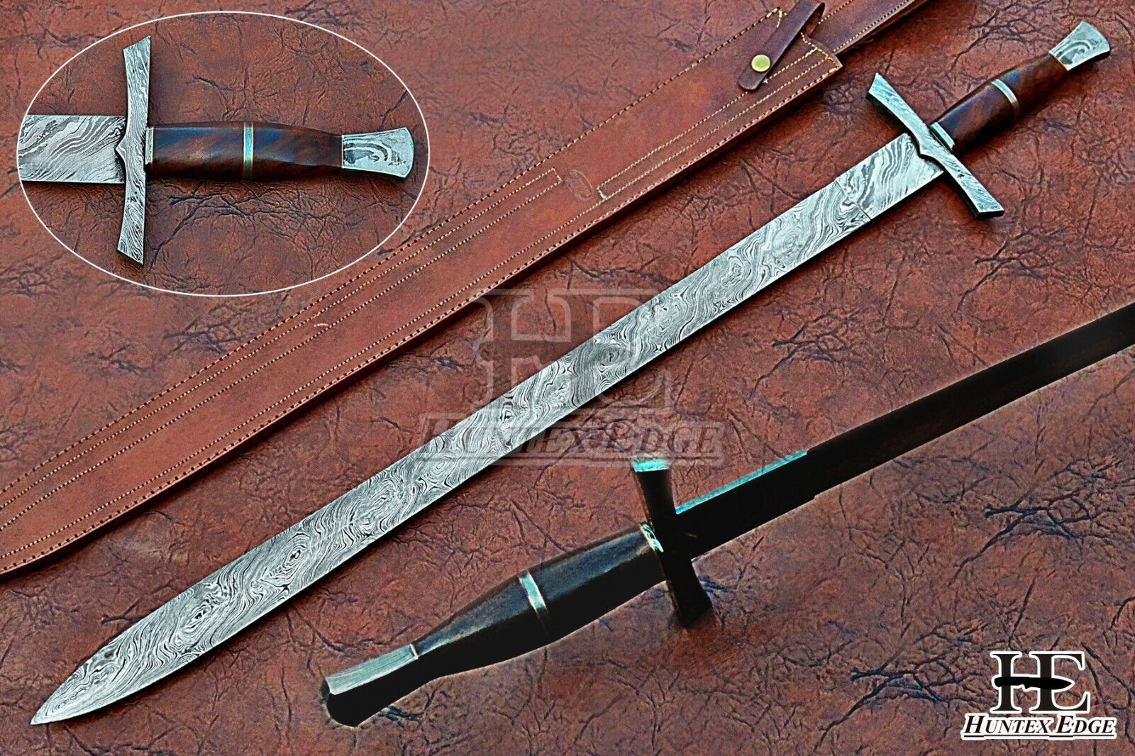 HUNTEX Custom Handmade Damascus Blade, 94 cm Long, Walnut Wood, Viking Sword