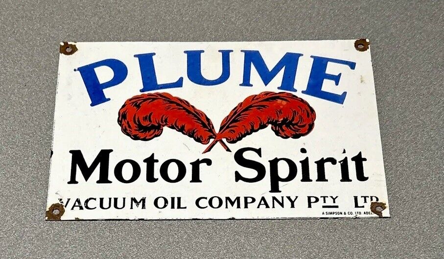 VINTAGE 12” PLUME MOTOR SPIRIT PORCELAIN SIGN CAR GAS TRUCK GASOLINE AUTO OIL