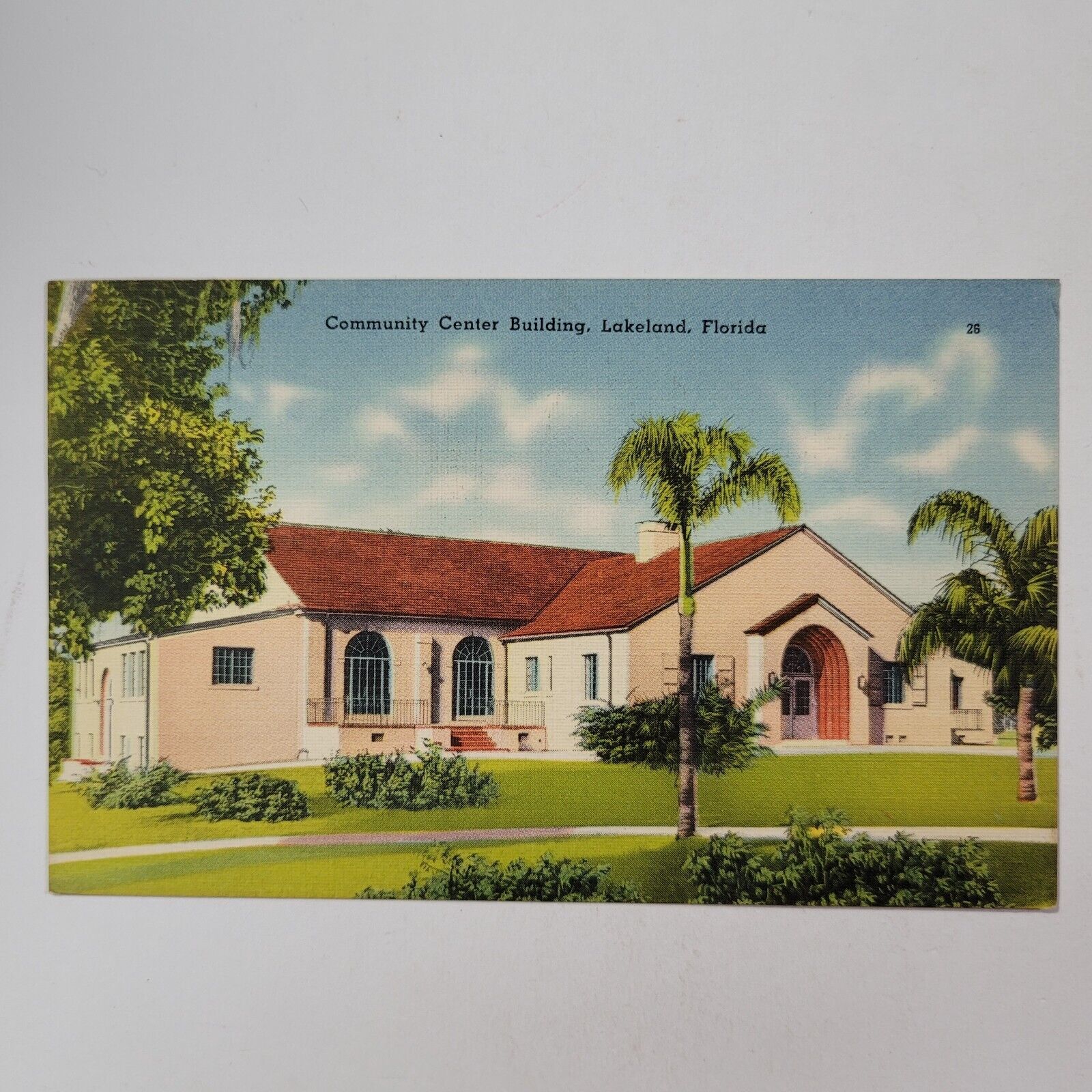 Vintage Postcard Linen Community Center Building Lakeland Florida Palm Trees